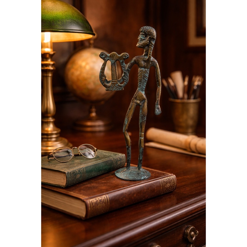 Bronze Tone Metal Lyre Figure Apollo Style Statue Modern Art Sculpture Deco Gift